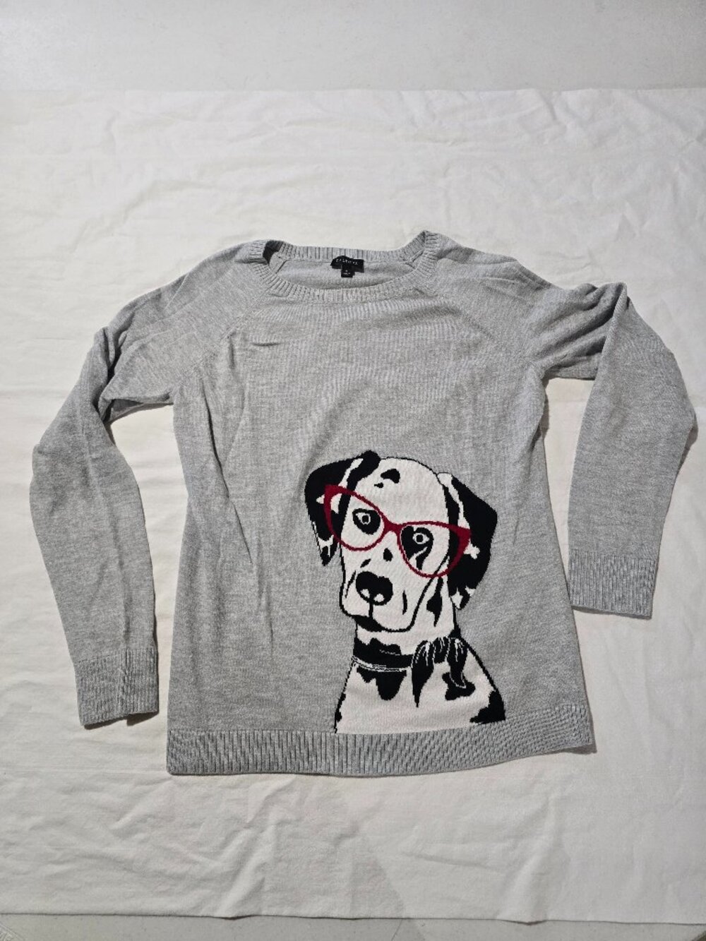 Talbots Gray Dalmatian Dog Sweater Red Glasses Animal Print Long Sleeve Top Sz S